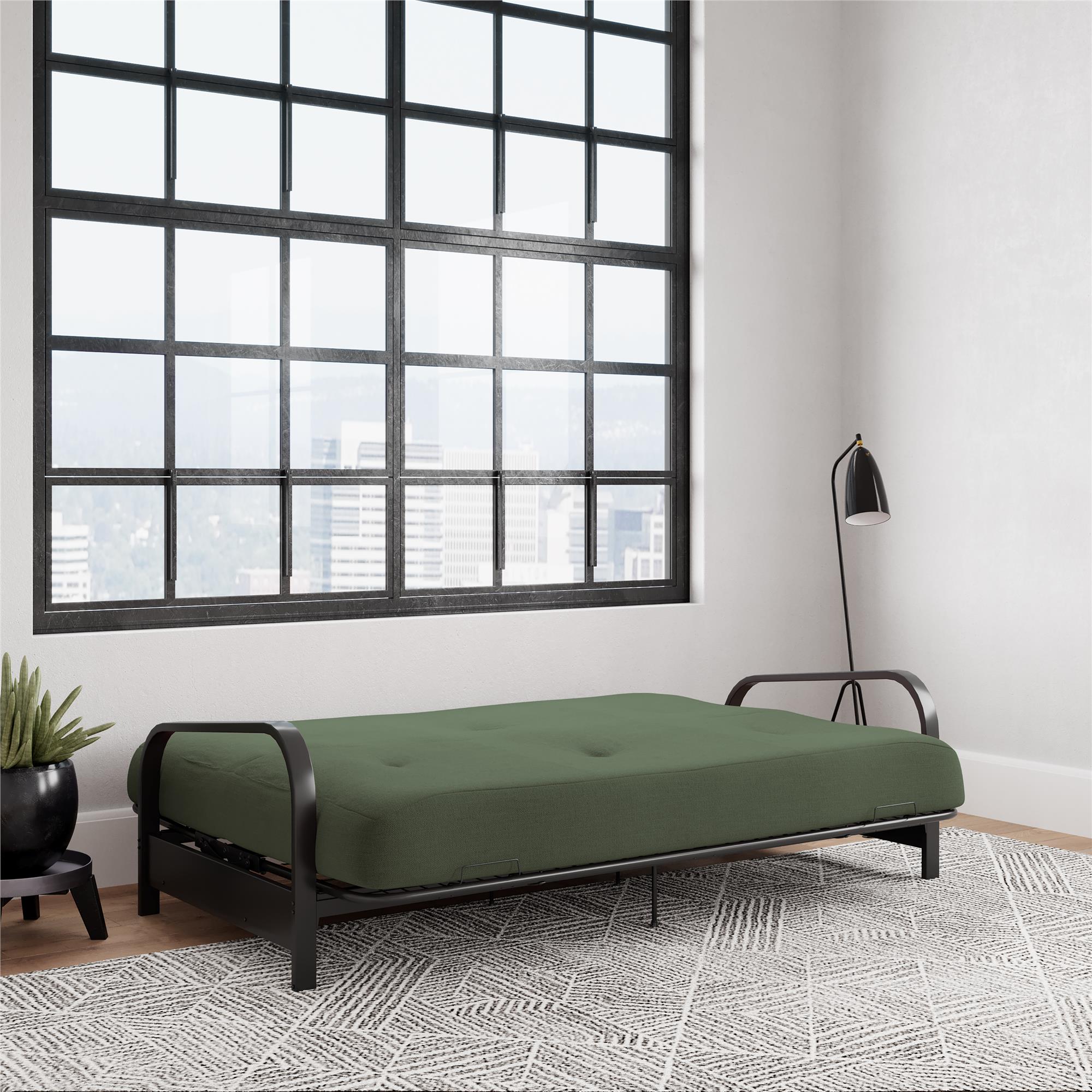 DHP Cleo Black Metal Arm Full Size Futon Frame with 6” Army Green